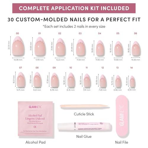 Glamnetic Press On Nails - Pink Me Up Spring Nails | Short Almond Fake Nails in Pastel Pink French Tips with 3D Pearls in a Glossy Finish, Salon Quality Nails | 15 Sizes - 30 Nail Kit with Glue
