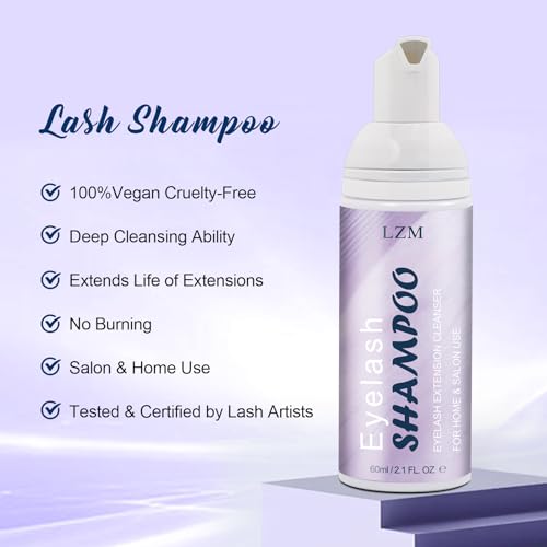 LZM Lash Shampoo Kit for Eyelash Extensions (2.02 fl oz), Lash Cleaner and Lash Wash with Rinsing Bottle, Brush, Reusable & Spoolies, Gentle Eyelash Extension Cleanser for Daily Care