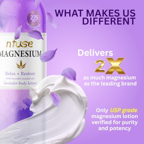 nfuse Magnesium Lotion - 225 mg USP Magnesium Chloride, Lavender Essential Oils, Fast Absorbing, Calming, Stress Relief & Muscle Relaxation - Natural Body Lotion, 8 oz