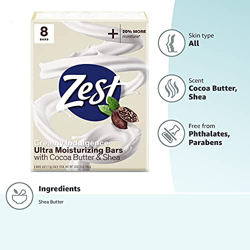 Zest Bar Soap - 8 Bars - Enriched With Cocoa Butter And Shea for Ultra Moisturizing Cleansing - Leaves Your Body Feeling Silky Smooth And Deeply Moisturized (Pack of 2)