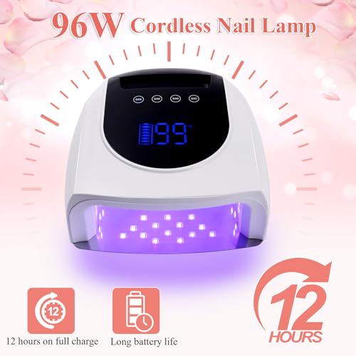 Cordless UV LED Nail Lamp, 96W UV Nail Light for Nail Polish, Portable Nail Dryer, Portable Nail Lamp with 4 Timer and LCD Display, Professional Nail Lamp for Home Salon Nail Art Tools