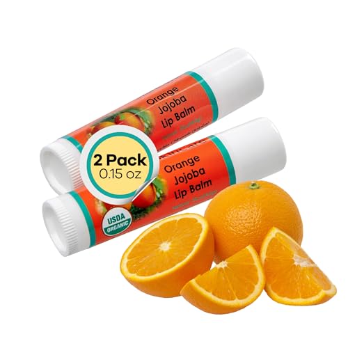 | USDA Organic Orange Lip Balm ? 70% Jojoba Oil with Beeswax ? Natural Orange Essential Oil ? Nourishes & Softens Dry Lips ? 2-Pack (0.15 oz / 4.6 g Each)