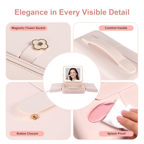 BEAUTY CASE Makeup Case with LED Light & Magnetic Mirror, 12 Inch Portable Travel Cosmetic Organizer Bag with 3 Partitions, Rechargeable, Large Capacity, Bright Lighting, Gift for Women Girls, Pink