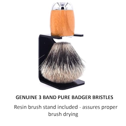 Taconic Shave's 3-Band Pure Badger Luxury Shaving Brush ? Deluxe Beechwood and Chrome Handle - Shaving Stand Included