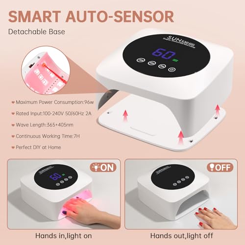 UV Nail Lamp 96W Rechargeable LED Gel Curing Lamp, Cordless Nail Dryer Gel Polish Light with Large LCD Display, with 3 Timer Setting Auto Sensor for Salon and Home (White)
