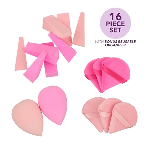 16pc Makeup Blender Set - Pink Makeup Sponges & Beauty Essentials Organizer | Assorted Beauty Blenders, Makeup Sponges and Wedges For Flawless Makeup Application