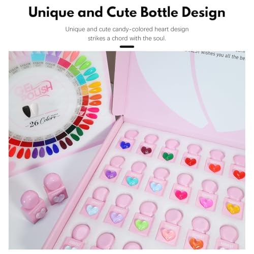 FZANEST 30pcs Gel Nail Polish Set, HEAM-free TPO-free Professional 10ml 26 Bright Spring Summer Candy Colors DIY Gel Nail Kit with Base Top Coat, Matte Top & Blooming ? Unique Pink Heart Shaped Bottle