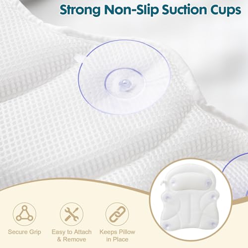 Bath Pillow Bathtub Pillow, Luxury Bath Pillows for Tub with Head, Neck & Back Support, 4D Air Mesh Bath tub Pillow with Extended Wings, Non-Slip Suction Cups Relaxing Spa Gift for Woman