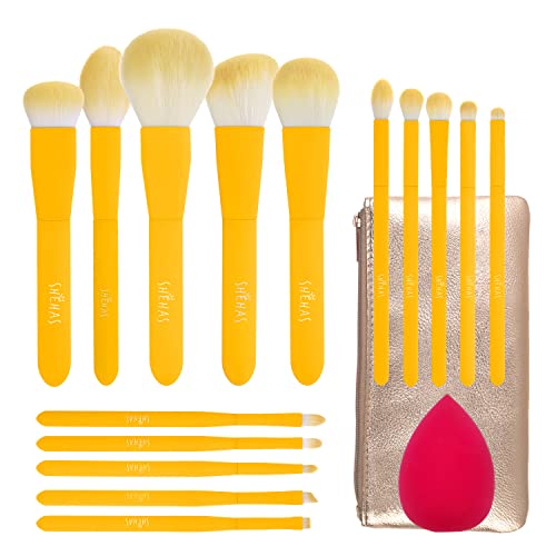 Makeup Brush Set for Powder, Foundation, Contour, Blush, Highlighter, Eyeshadow, Premium Synthetic Make Up Brush Set with Cosmetics Bag, Set of 15 & 1 Makeup Sponge, Yellow