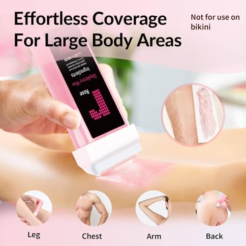 Roll On Wax Refill- Easy Home Waxing for Large Areas, 6 Weeks Smooth Skin (4 Wax Cartridges, 50 Waxing Strips, 5 Removal Wipes) (Rose)