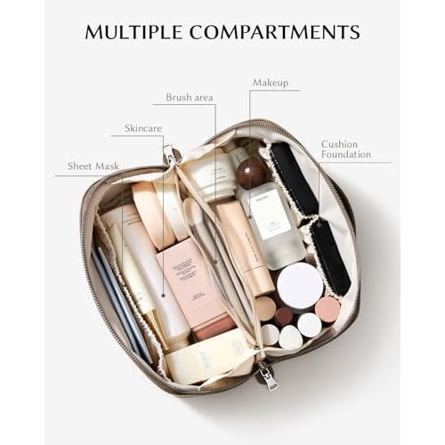 EACHY Travel Makeup Bag, Lychee Leather Large Capacity Cosmetic Bag for Women, Open Flat Toiletry Bag with TPU Brush Compartment, Waterproof Skincare Organizer Travel Essentials