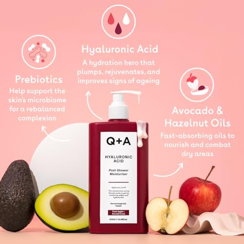 Q+A Hyaluronic Acid Post Shower Moisturizer (250ml), Wet-Skin Body Lotion with Avocado & Hazelnut Oils, Prebiotic Hydration, Locks In Moisture Quickly, Non-Greasy, Dry Skin Moisturizer
