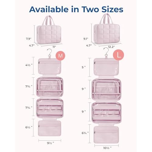 BAGSMART Travel Toiletry Bag with Jewelry Organizer, Hanging Travel Bag for Toiletries, Puffy Makeup Cosmetic Bag Organizer, Carry-on Travel Accessories Essentials, Pink-L