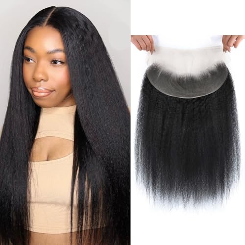 Kerriana Lace Frontal Kinky Straight Human Hair 16 Inch 13x4 Ear to Ear Transparent Kinky Frontal 13 by 4 Closure