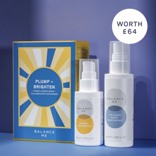 Balance Me Plump + Brighten Skin Care Set, Includes Vitamin C Repair Serum & Collagen Boost, Ultimate Holiday Skincare Gift Set for Women