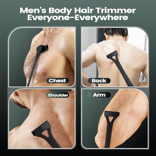 Back Shavers for Men with Foldable Long Ergonomic Handle: DIY Hair Shaver, Replaceable Safety Blade & Portable Razor Groomer for Men, Wet & Dry Shaving - Black (8PCS Blades Included)