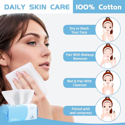 Cotton Facial Dry Wipes 100 Count, Deeply Cleansing Disposable Face Towel Wash Cloth, Multi-Purpose for Skin Care, Make-up Wipes, Face Wipes and Facial Cleansing (6 Pack)