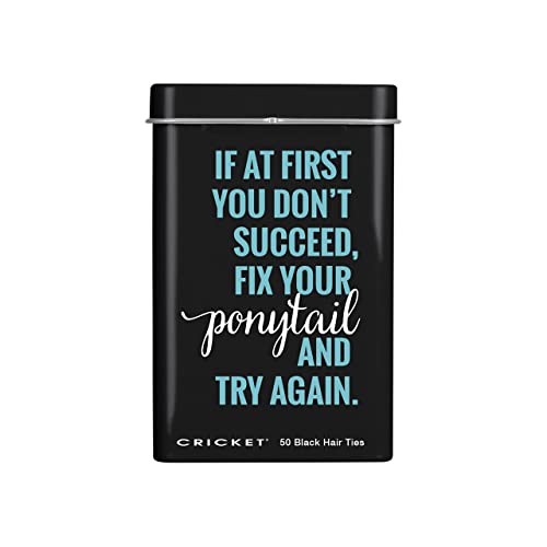 Cricket Fix Your Ponytail Tin with 50 Black Non-Metal, No-Ouch Hair Ties, Reusable Retro Metal Storage Tin, Compact Size for Travel and On-the-Go, Ideal for Home, Salon, and Barbershops