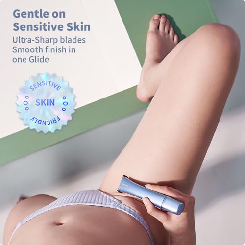 Bikini Trimmer for Women, 2-in-1 Painless Electric Razor with Dual Heads, IPX7 Waterproof Cordless Body & Facial Shaver for Pubic Hair, Underarms, Legs & Face, Wet & Dry (Blue)
