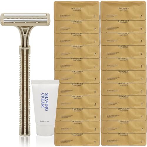 Disposable Shave Kit for Men &Women - 100 Pcs Wheat Straw Razors and Cream Bulk, Individually Wrapped Portable Toiletries Amenities for Hotel, Airbnb, Homeless, Shelter, Charity, Camping and Travel