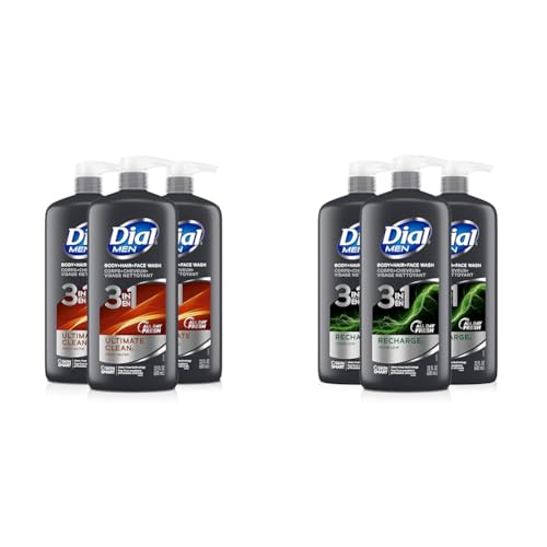 Dial Men 3in1 Body, Hair and Face Wash, Ultimate Clean, 69 fl oz (3-23 fl oz Bottles) & Men 3in1 Body, Hair and Face Wash, Recharge, 69 fl oz (3-23 fl oz Bottles)