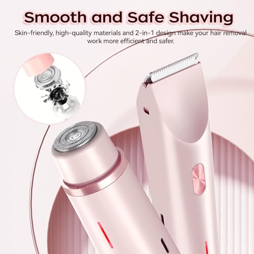 Dual Head Bikini Trimmer for Women, IPX7 Waterproof Wet & Dry Use, Electric Bikini Shaver and Epilator 2-in-1 Electric Razors for Women Bikini Underarm Body Leg Arm Face Intimate Areas,Pink