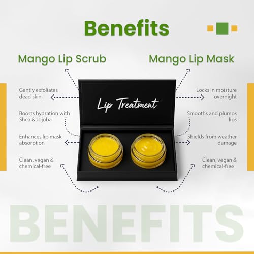 Mango Lip Mask & Scrub Duo ? Hydrating & Exfoliating Lip Care with Omega Fatty Acids, Organic Oils & Organic Shea Butter ? Soft, Smooth, Plump Lips ? Vegan & Paraben-Free, No Nasties