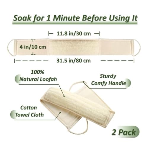 Natural Loofah Exfoliating Body Scrubber for Men and Women, Loofah with Handle, Exfoliating Back Scrubber for Shower Set, Luffa Sponge to Clean & Relax Your Body Deeply (2 Pack)