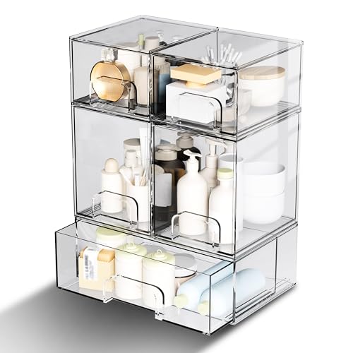 5 Pack Stackable Storage Drawers, Clear Plastic Organizer Bins with Pull-out Handle for Makeup, Ideal for Vanity, Bathroom, Undersink, Cabinet, Pantry Organization