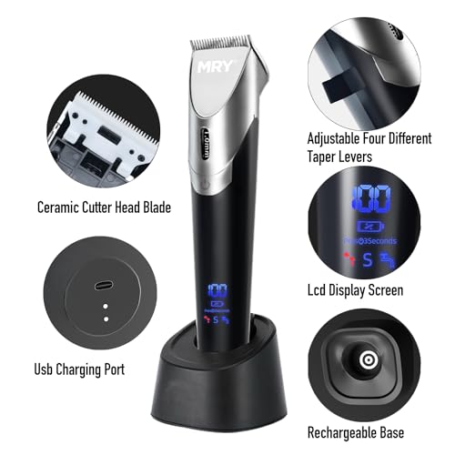 MRY Ceramic Cutter Cordless Men's Barber Women's Professional Waterproof LCD Hair Clippers USB Rechargeable (Black with Silver Color)