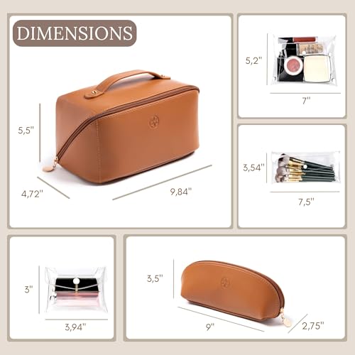 Travel Makeup Bag Waterproof Open Flat with Compartments, Large & Small Makeup Bag Organizer, PU Leather Toiletry Bag for Women, Cosmetic Bag, Make up Case Pouch, Make up Bags (5 Pieces Set)