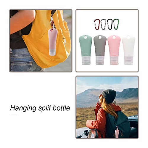 4 Pcs 60ml Leakproof Silicone Travel Bottle Portable Travel Containers Set Refillable Squeezable Container with 4 Hook Carabiner for Travel Toiletries
