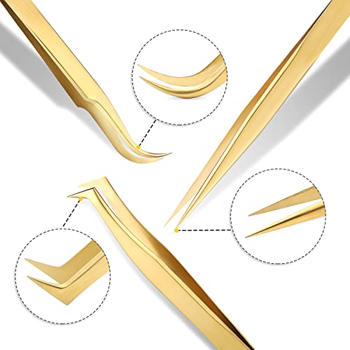 Etercycle High Precision Lash Tweezers Set - Includes 3 Stainless Steel Eyelash Tweezers for Classic Individual and Volume Lash Extensions. Complete with Storage Box