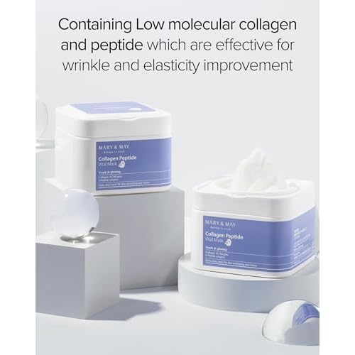 Mary&May Collagen Peptide Vital Mask (30 Sheets) ? Pull-Out Case with Hydrolyzed Collagen & 6 Peptides, Firming & Fine Line Appearance Care, Hydrating Korean Sheet Mask for Mature Skin