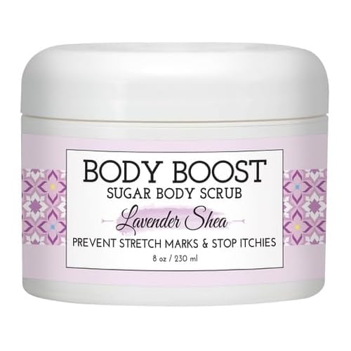 Body Boost Lavender Shea Raw Sugar Scrub 8 oz- Help Treat Dry Skin Stretch Marks and Scars- Pregnancy and Nursing Safe- Allergen Free- Vegan