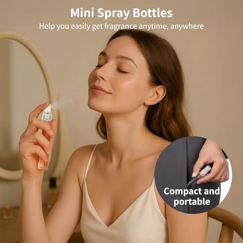 Lnrueg 50 Pcs Mini Spray Bottles, 0.3 oz/10 ml Refillable Glass Perfume Bottles, Portable Travel Sample Containers with Caps, Fine Mist Atomizers with 2 Funnels and 2 Dispensers, Transparent