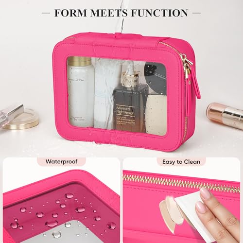 Clear Makeup Bag, Travel Toiletry Bag Cosmetic Case for Women, Waterproof Portable Make Up Skincare Pouch with Zipper, Compact Car Organizer Bag for Essentials, Medium Size, Hot Pink