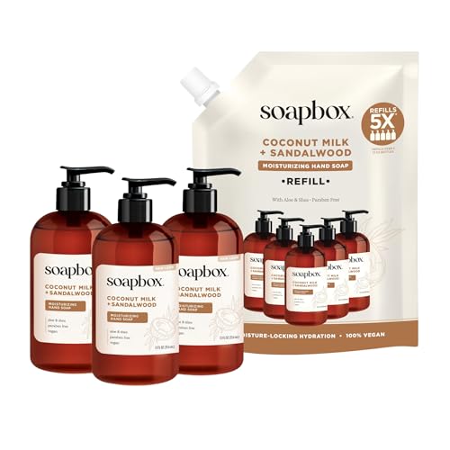 Soapbox Coconut Milk & Sandalwood Liquid Hand Soap Combo Pack, 3 Pack of 12oz Bottles + 64oz Half Gallon Refill