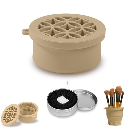 Makeup Brush Silicone Cleaning cup - Portable Foldable Silicone Makeup Brush Holder,Bottom-Embedded Makeup Brush Cleaning Mat & Makeup brush cleaner and dryer 2-in-1 Design (Khaki)