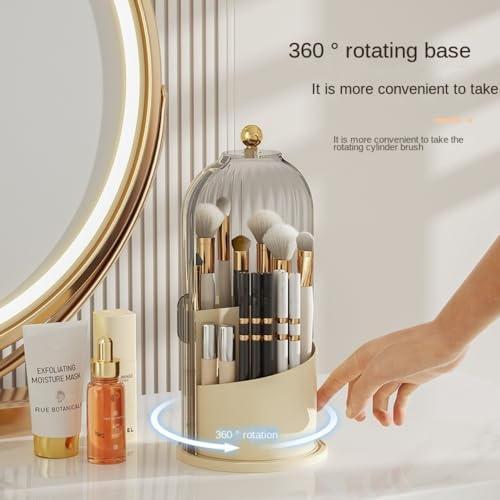 Rotating Makeup Brush Holder with Clear Lid ? 360¡Æ Makeup Brush Organizer for All Brush Sizes, Durable Dustproof Storage Stand with Large Capacity, Easy to Clean, No Assembly (Milk yellow/transparent)