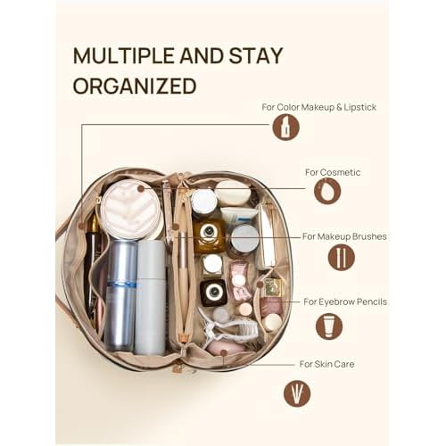 Telena Leather Make Up Bag Portable Travel Makeup Bag Waterproof Cosmetic Bags for Women Large Capacity With Handle and Divider Open Lay Flat