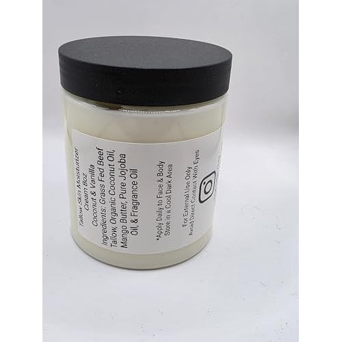 Tallow Skin Moisturizer Cream with Nourishing Oils Handmade Grass Fed Beef Tallow Cream 8oz (Coconut & Vanilla Scent)