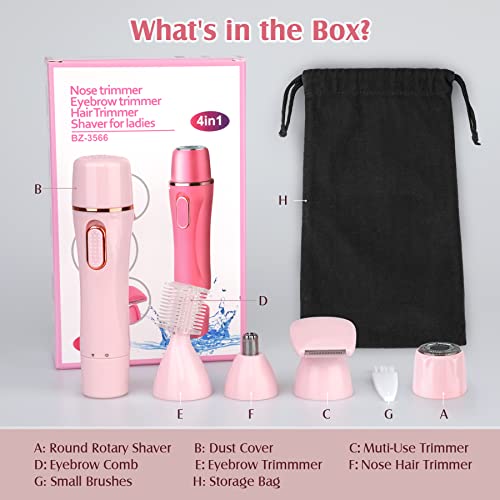 Trimmer Women, 4 in 1 Electric Razor for Women, Facial Shavers for Women, Portable Travel Womens Electric Razor for Face Beard Eyebrow Leg Arm Bikini Armpit Pubic Hair, Pink