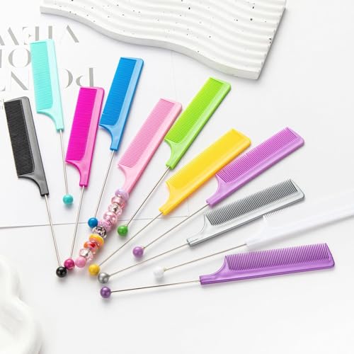 10 Pack Beadable Combs DIY with 10 Pack Beadable Handheld Mirrors Set Plastic Rat Tail Hand Handle for Crafts Portable Cute Travel Makeup Mirror Round, Colorful