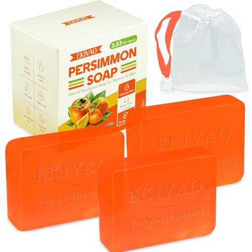 3Pack Natural Persimmon Soap Bar for Body Odor Control, Organic Deodorant Body Persimmon Bar Soap for Old People Smell, Remove Odor Bath Soap for Women & Men