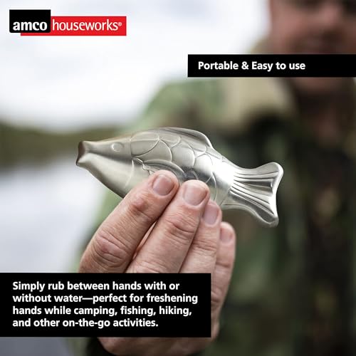 Amco Rub Away Bar, Stainless Steel Odor Absorber, Fish Shaped - Dishwasher Safe Kitchen & Outdoor Essential for Garlic, Onion, Fishing, Hiking Odors - Natural Odor Remover