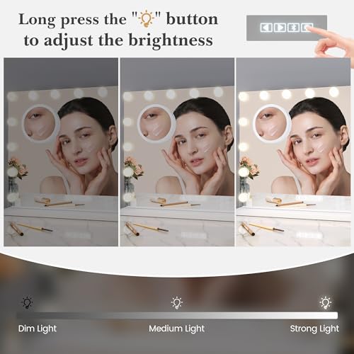 Vanity Mirror with Lights and Bluetooth, Makeup Mirror with 15 Dimmable LED Bulbs/USB Charging/Smart Touch/3 Colors Dimmable/10X Magnification/360¡Æ Rotation, Desktop&Wall Mount, Bedroom&Dressing Room