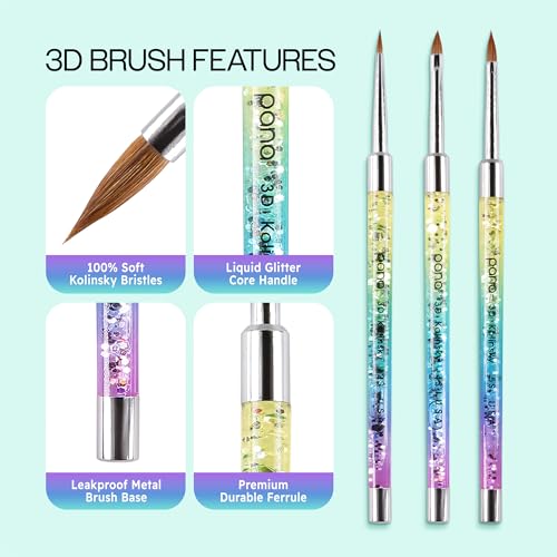 PANA Kolinsky 3D Acrylic Nail Brushes with Liquid Glitter Handle - For Professional Acrylic Powder Liquid Manicure Pedicure (Rainbow Color, Size #2)
