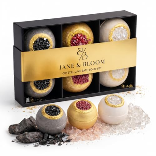 Crystal Luxe Bath Bomb Set, 6 Luxury Bath Bombs by Jane & Bloom, Moisturizing Fizzies for Relaxing Home Spa, Gift Set for Women, Men and Teens, Valentine's Day Gift Set