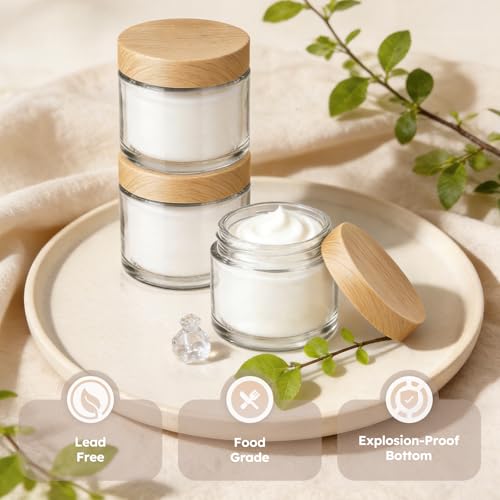2 oz Glass Jars with Lids, 36 Pack Clear Small Glass Jars with Woodgrain Lids Leakproof Round Airtight Empty Cosmetic Travel Containers with Inner Liners for Lotions Powders and Candle Making
